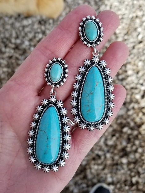 Antique Silver Turquoise Earrings Creative Drop-shaped