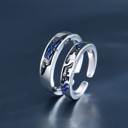 Sea and whale epoxy couple rings with adjustable opening for men and women, featuring simple geometric design in cupronickel.