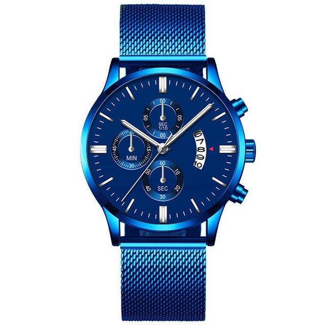 Mens business luxury watch with blue stainless steel band and analog display.