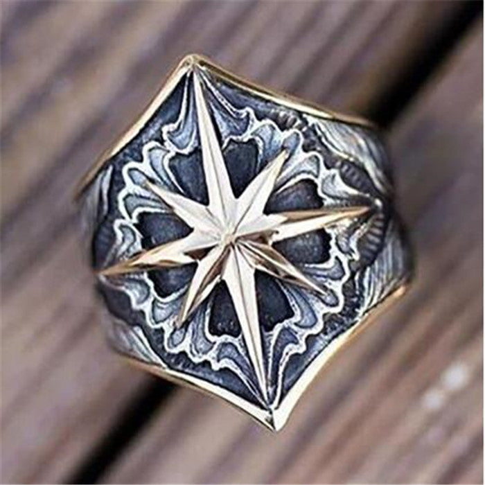 Glyph vintage ring with geometric pattern and two-tone design for men.