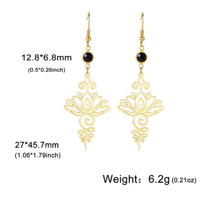 Hollow Lotus Black Crystal Stainless Steel Earrings