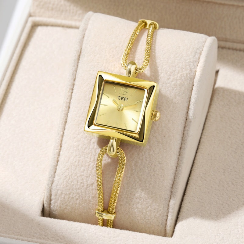 High-grade small square plate alloy bracelet watch in antique style, golden hue.