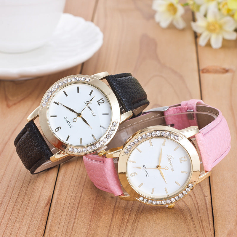 Geneva Diamond Quartz Watches for Women with Imitation Leather Straps