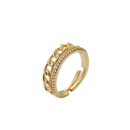 Gold copper versatile ring with chain design and electroplating finish.