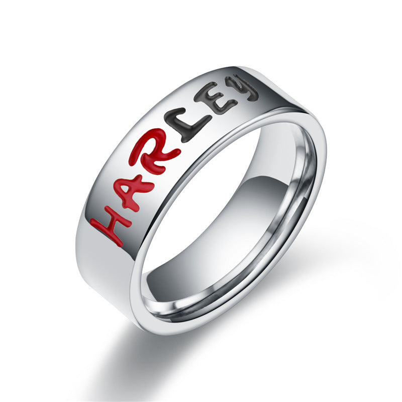 Stainless steel Harley Quinn ring with intricate design for couples.