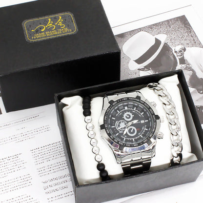 Non-mechanical titanium steel watch and bracelet set with gift box, silver color, 40mm dial, spiral crown design.