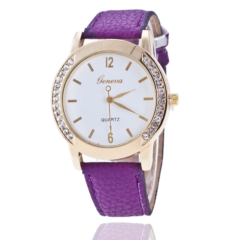 Geneva Diamond Quartz Watch for Women with Purple Imitation Leather Strap