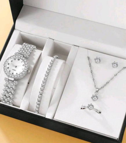 Diamond women watch set with rhinestone bracelet, necklace, earrings, and ring in luxury gift box.