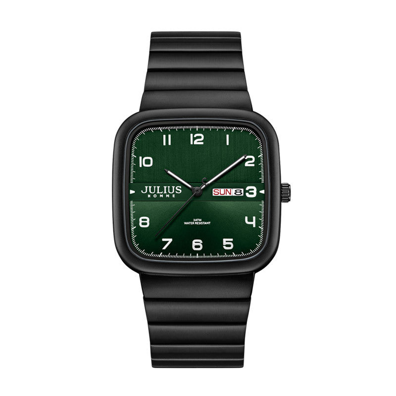 Casual business watch with black stainless steel band and green square dial.