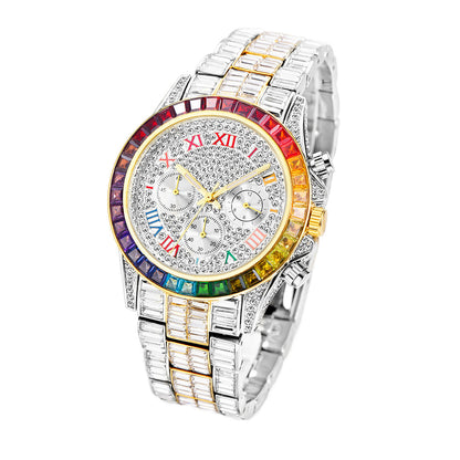 Three Eyes Rainbow Diamond Quartz Watch with multicolored bezel and silver strap.