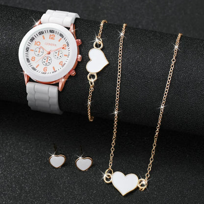 HeartQuartz 4pk Womens Watch Set with accessories including bracelet, earrings, and necklace.