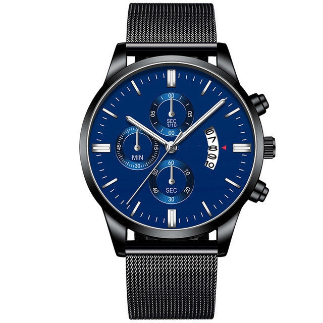 Mens business luxury watch with black stainless steel band and blue dial, featuring decorative sub-dials.