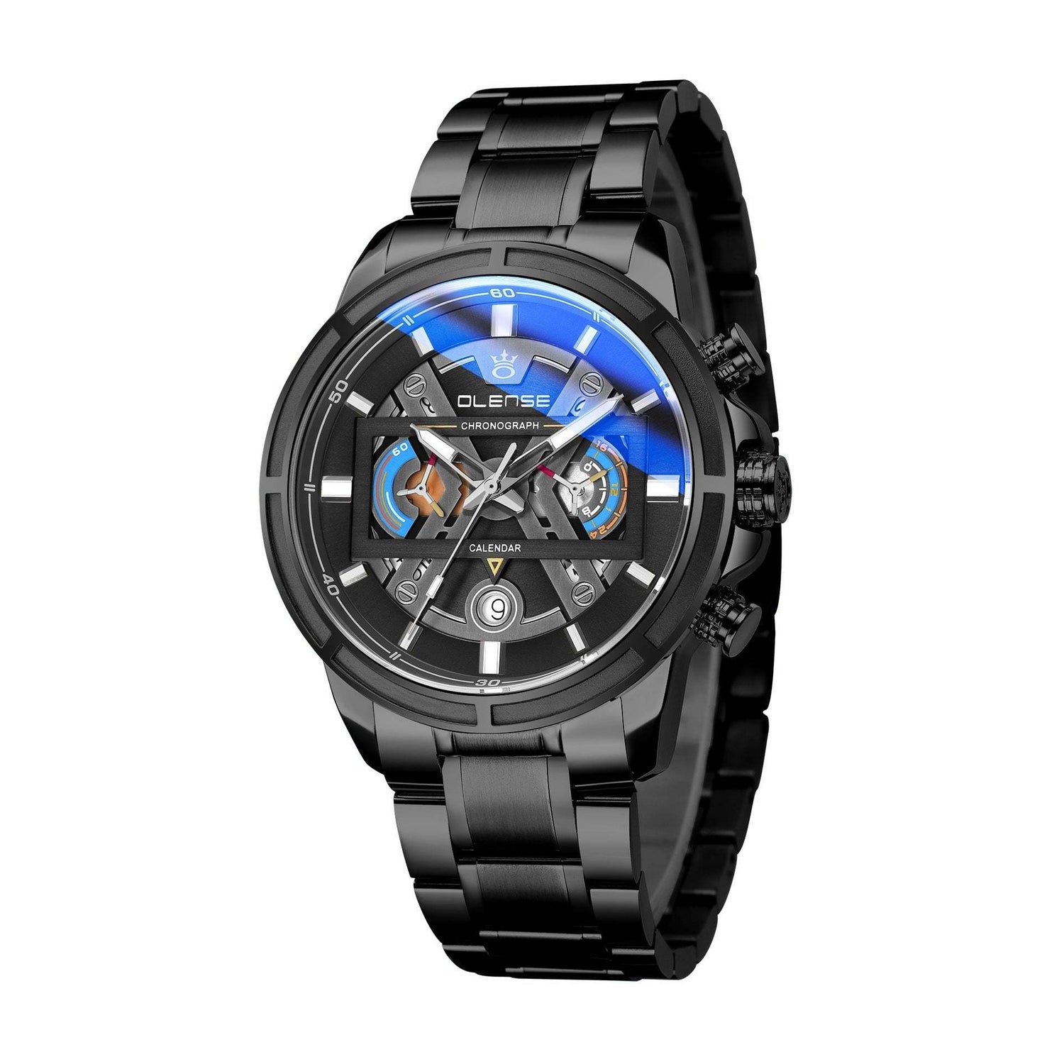 Olense calendar watch with black stainless steel strap and multi-function movement.