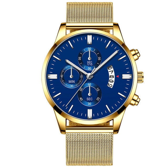 Mens business luxury watch with blue dial and gold stainless steel band.