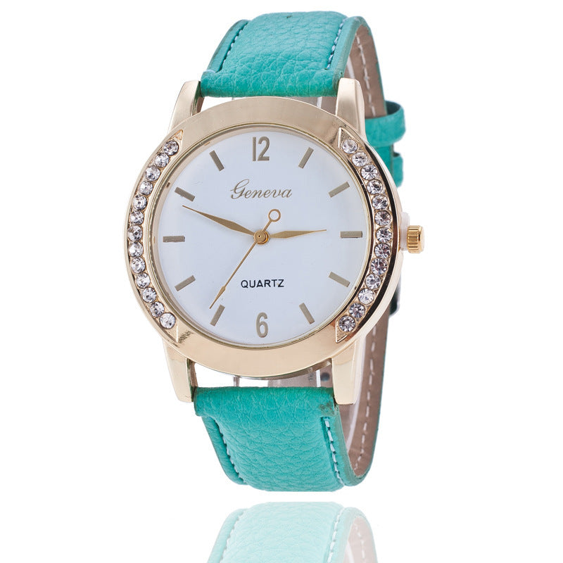 Geneva Diamond Quartz Watch for Women with Blue Imitation Leather Strap and Alloy Case