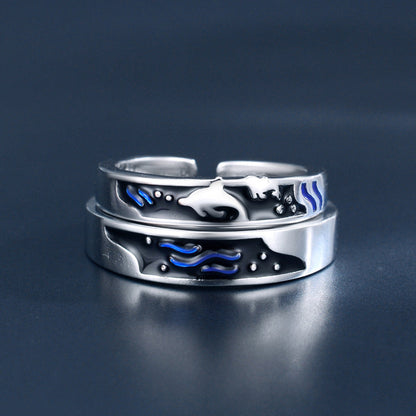 Sea and whale design couple rings with adjustable opening and epoxy inlay.