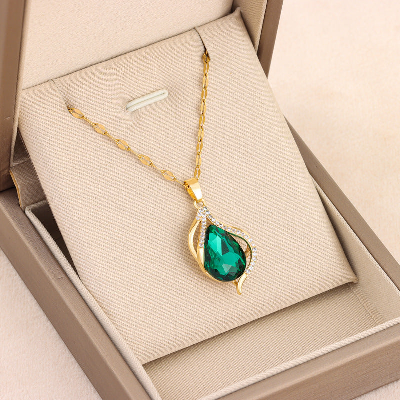 Green Crystal Pendant Titanium Steel Necklace For Women