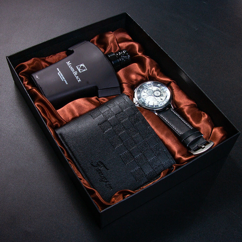 Birthday gift set with quartz watch, leather wallet, and perfume in an elegant gift box.