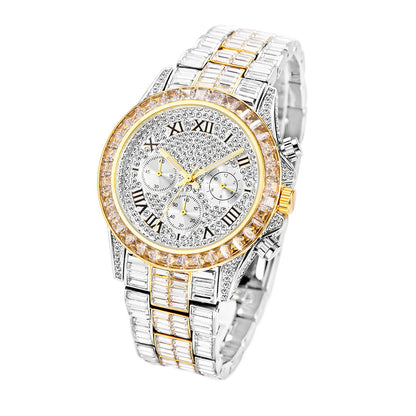 Luxury Three Eyes Rainbow Diamond Quartz Watch with circular dial.